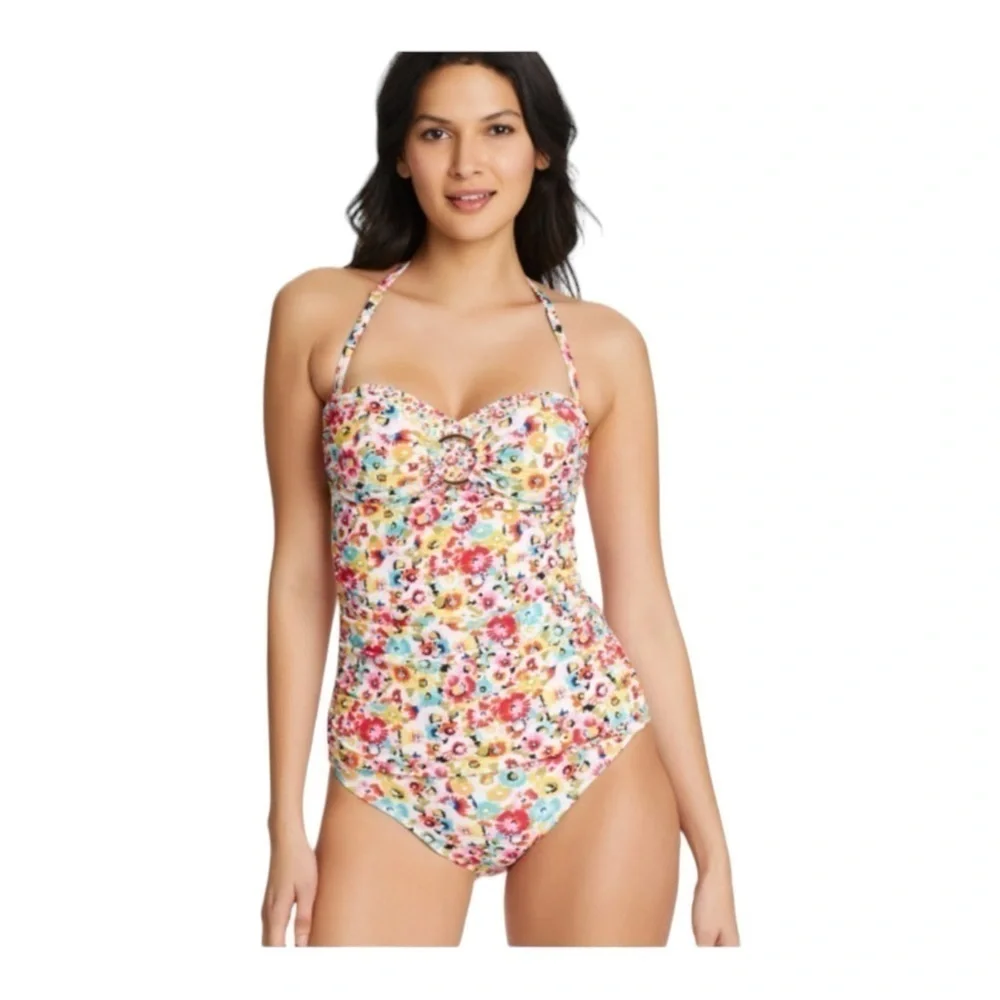 Bleu Rod Beattie MULTI Flower Hour Draped Ring Tankini Swim Top NWT